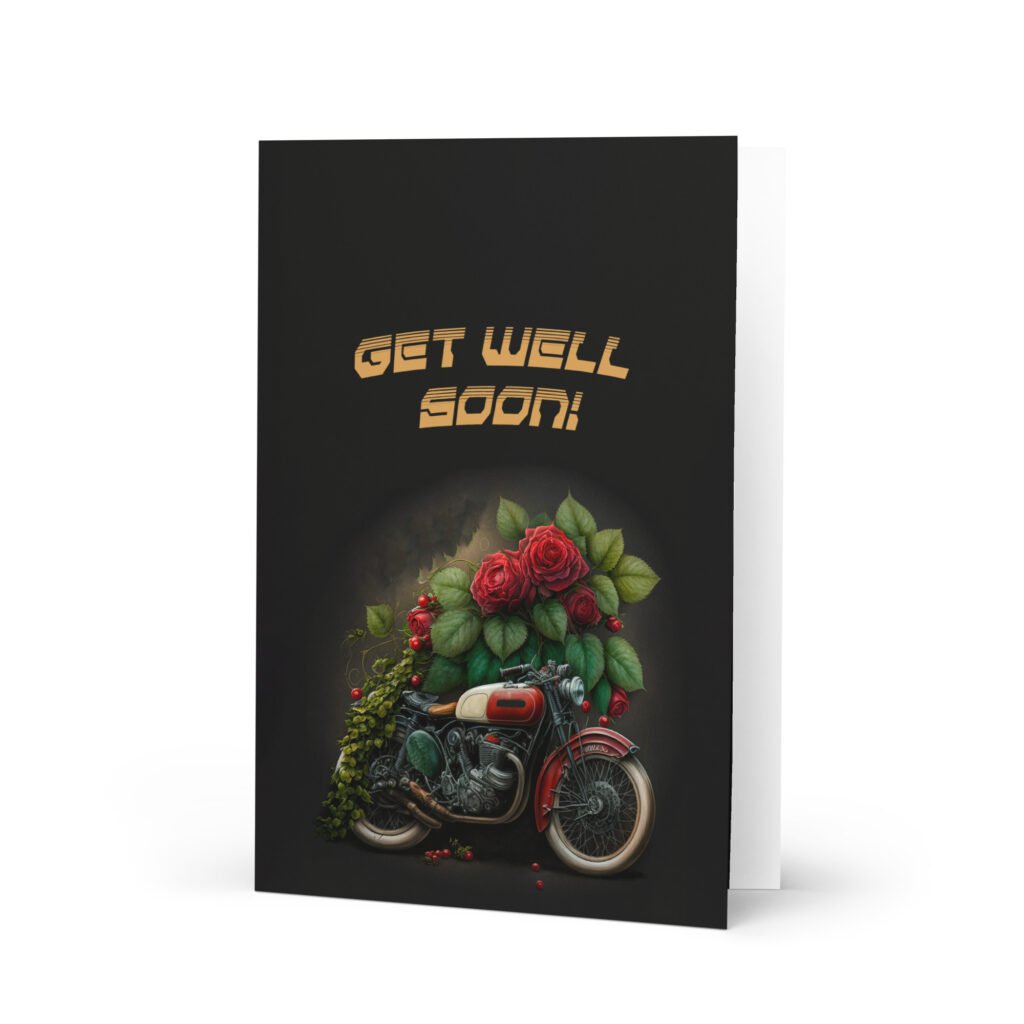Get Well Card – For When Life Throws You Into the Gravel Sometimes the road ahead is smooth. Other times, you hit a patch of loose grit and end up face-first in the scenery. Whether they’ve stacked it, stalled out, or are just feeling a bit wobbly, this Get Well Card delivers your message with just the right mix of humour and heart. Built from 14.77 oz/yd² (350 g/m²) paperboard, it’s as sturdy as a well-built frame and ready to take a knock. The toner-based printing fires out vibrant colours that stand out like a chrome tank on a sunny day, so whatever you write inside looks sharp and unforgettable. Size: 6″ × 8″ (148 × 210 mm) – plenty of room for your words without running out of tarmac. Weight: 0.85 oz (24 g) – solid enough to feel premium, light enough to post without selling a kidney. Comes with a complimentary envelope, because even the toughest riders know presentation matters. Send it, sign it, and remind them – the ride isn’t over yet.