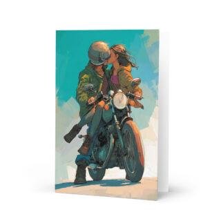 romantic lovers valentines motorbiker Greeting card on a motorbike