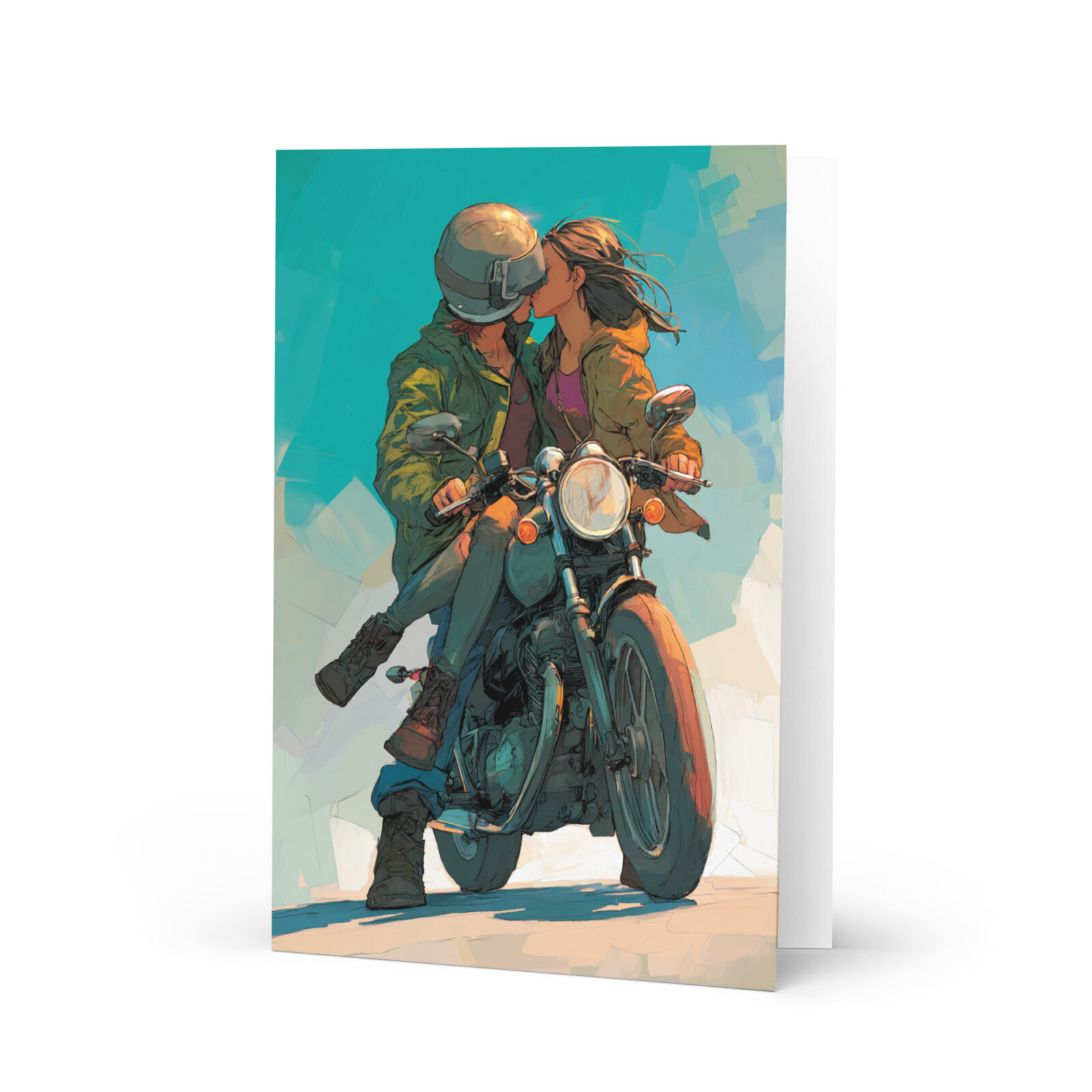 romantic lovers valentines motorbiker Greeting card on a motorbike