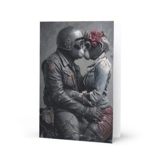 Gorillas in love motorbiker valentines Greeting card on a motorbike